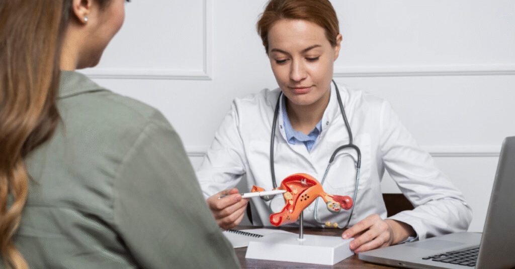 doctor explaining anatomic model patient